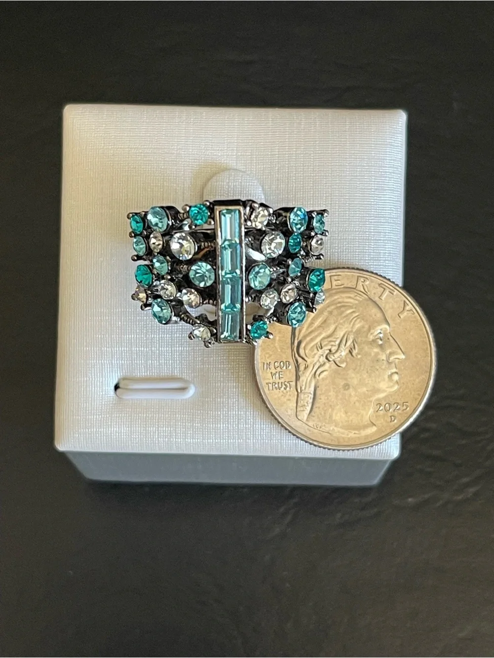 Black silver tone Rhinestone Statement Ring .